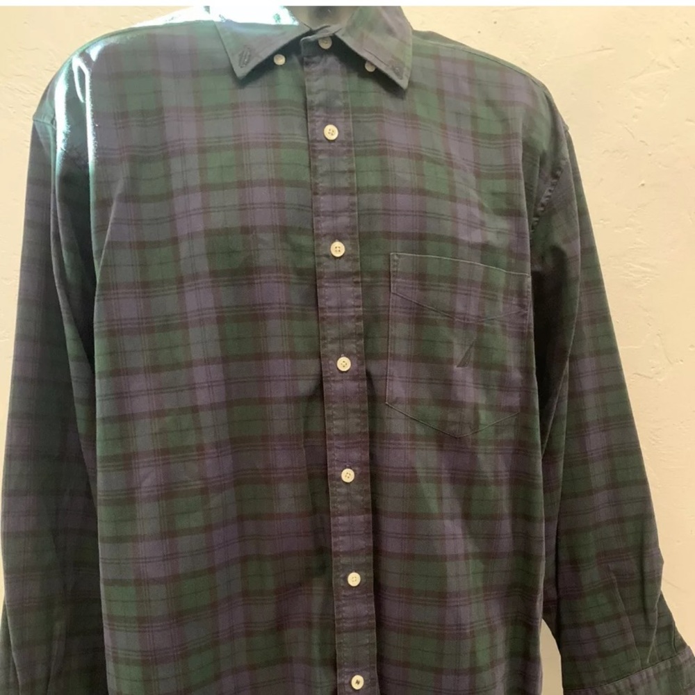 Nautica Dark Blue Plaid Button Down Shirt Large